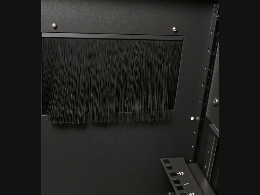 Upsite KoldLok Brush Grommet — brush cable-entry seal installed in a server rack floor panel