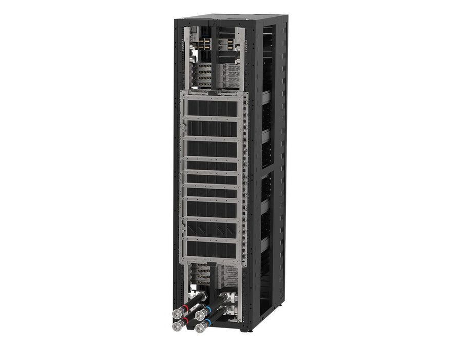 NVIDIA GB300 NVL72 Liquid-Cooled AI Rack — full-rack rendering with liquid-cooled compute trays, NVLink switch trays and rack manifolds